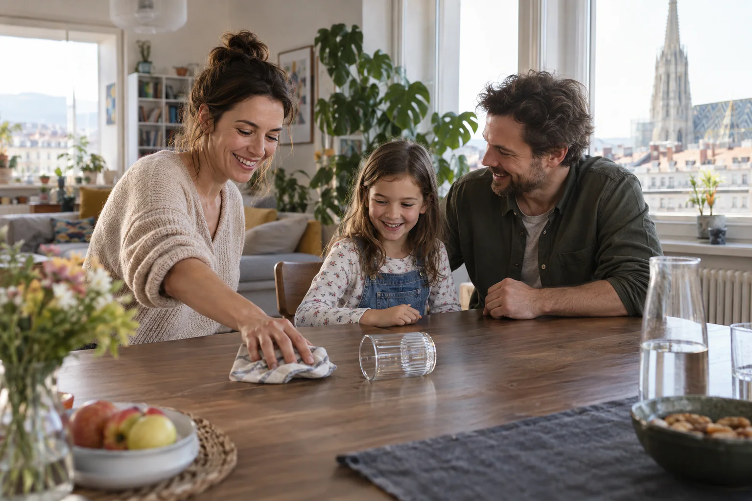 Familie erlebt einen lebendigen Nachmittag in ihrer Wiener Wohnung